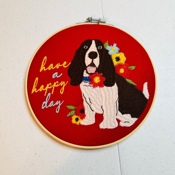 The Pioneer Woman Stitched Wall Art "Have A Happy Day" Dog Flowers Basset Hound - Picture 1 of 7